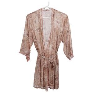JOSIE NATORI Vintage Kimono Robe XL Brown Floral Animal Print Sheer Tie Belt